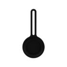 Black round object with long handle on white background.
