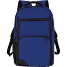 Blue backpack with black zippers and accents, front pocket and side mesh pockets.
