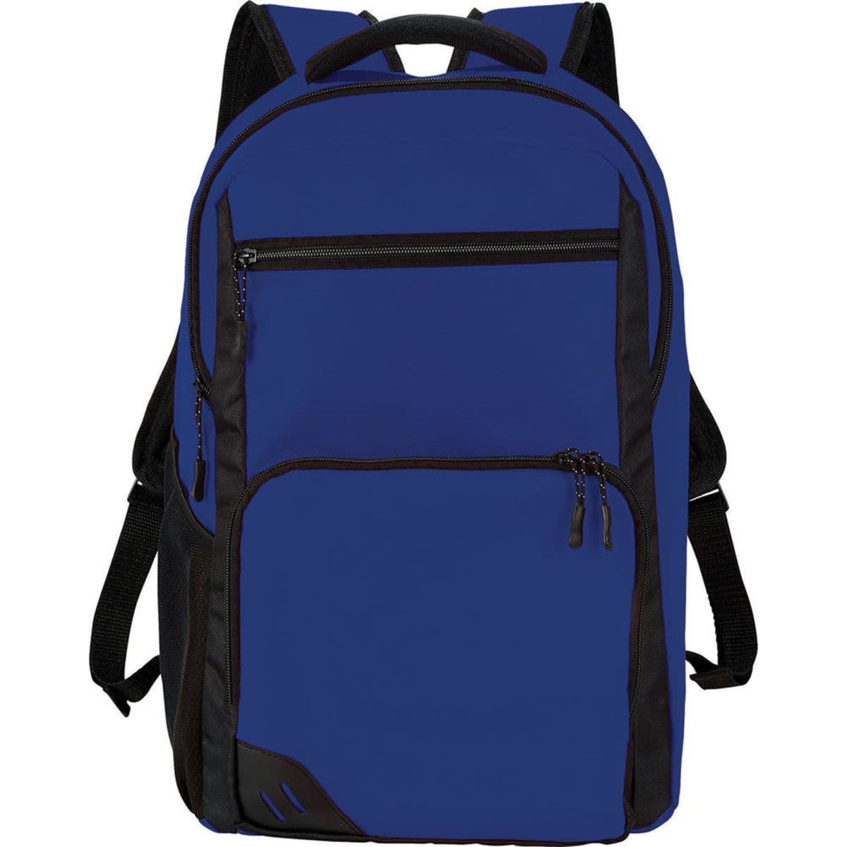 Blue backpack with black zippers and accents, front pocket and side mesh pockets.