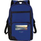 Blue and black backpack with a beach-themed Lexmark logo.