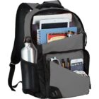 A gray backpack with various items, like a tablet, notebook, and pens, stored in its compartments.