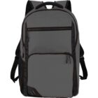Gray backpack with black zippers and straps, featuring multiple compartments.