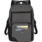 Gray backpack with a front pocket, showing a small screen displaying a landscape image.