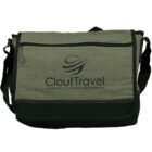 Green and black messenger bag with CloutTravel logo and strap.