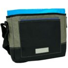 Black and gray messenger bag with a blue folder inside.