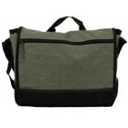 Green and black messenger bag with a front zippered pocket and adjustable shoulder strap.