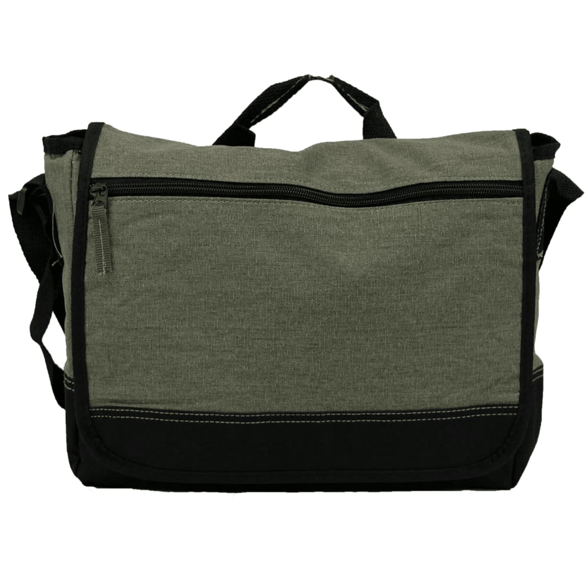 Green and black messenger bag with a front zippered pocket and adjustable shoulder strap.