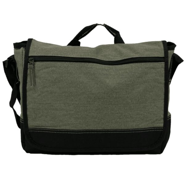 A green and black messenger bag with a front zipper pocket and handle.