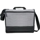 Gray and black messenger bag with a front zipper pocket and adjustable shoulder strap.