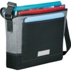 Black and gray messenger bag with notebooks and folders peeking out.