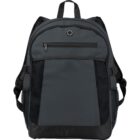 Dark gray backpack with black straps, zippered pockets, and mesh side pockets.