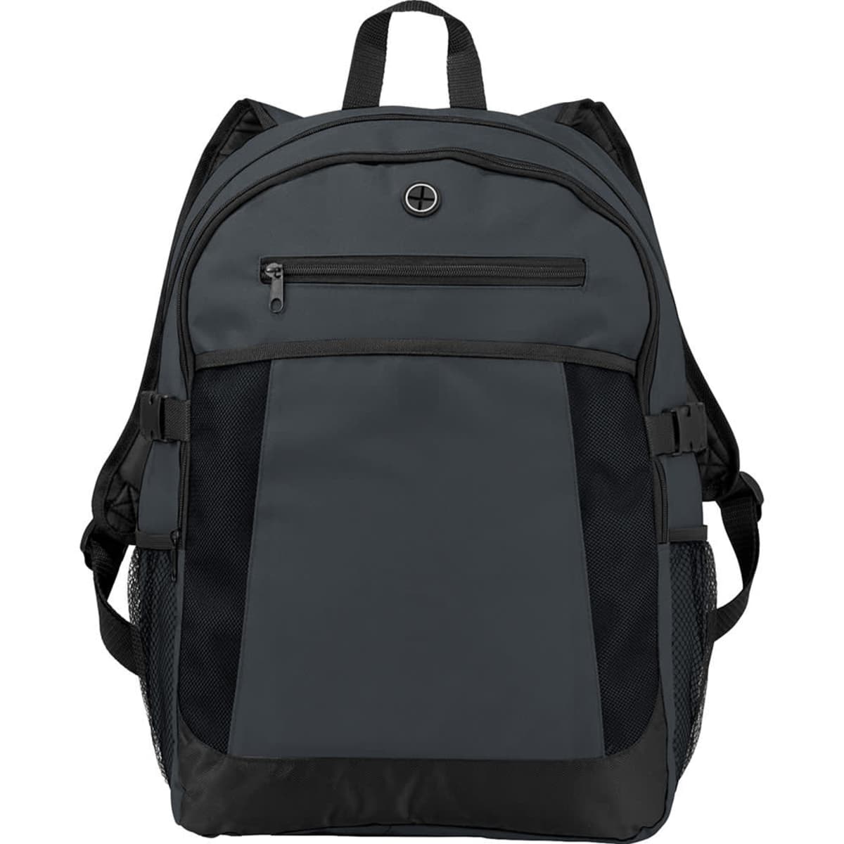 Dark gray backpack with black straps, zippered pockets, and mesh side pockets.