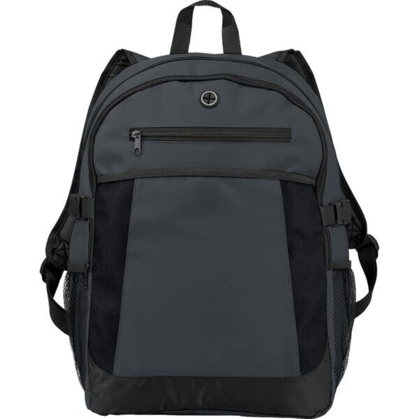 Gray backpack with zippered pockets and side mesh compartments, displayed against a white background.