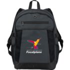 Black backpack with colorful hummingbird and Santa Barbara Focalplane text.