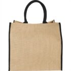 Jute tote bag with black handles and edges, placed against a white background.