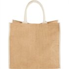 A plain beige burlap tote bag with white handles against a white background.
