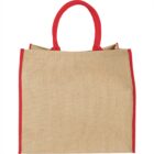 Beige tote bag with red handles and trim.
