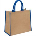 Tan jute tote bag with blue handles and trim.