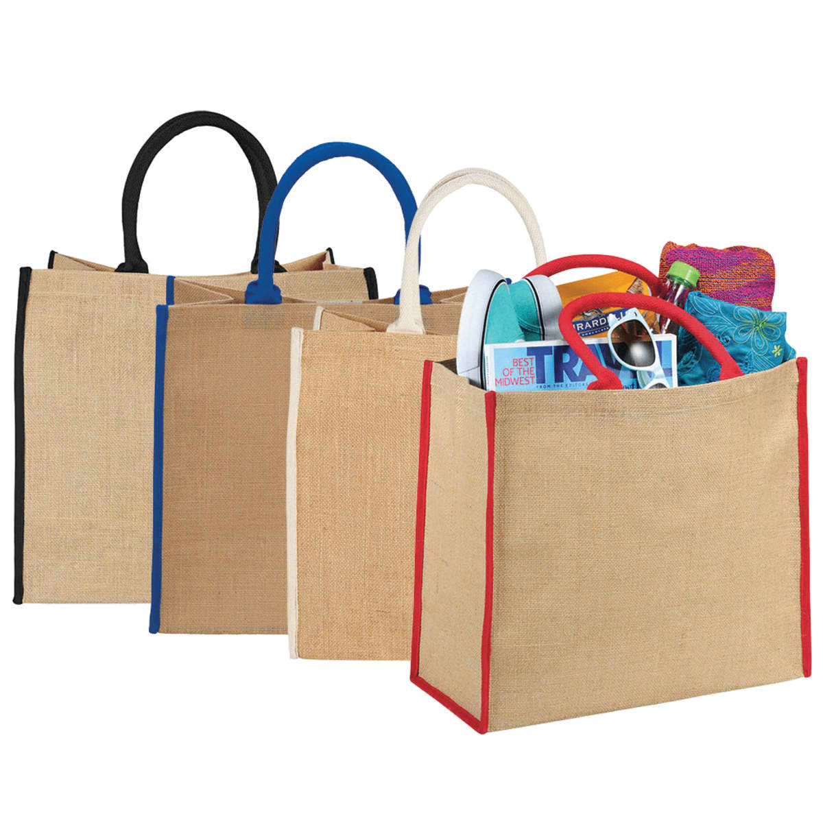 Three jute bags with colored handles, filled with various items, arranged side by side.