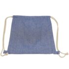 Blue drawstring backpack with beige cords on a white background.