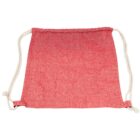 Red drawstring backpack with white cords against a white background.