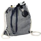 Gray drawstring bag with a camera and a book partially visible inside.