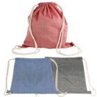Three drawstring bags: one red, one blue, and one gray, with white cords.