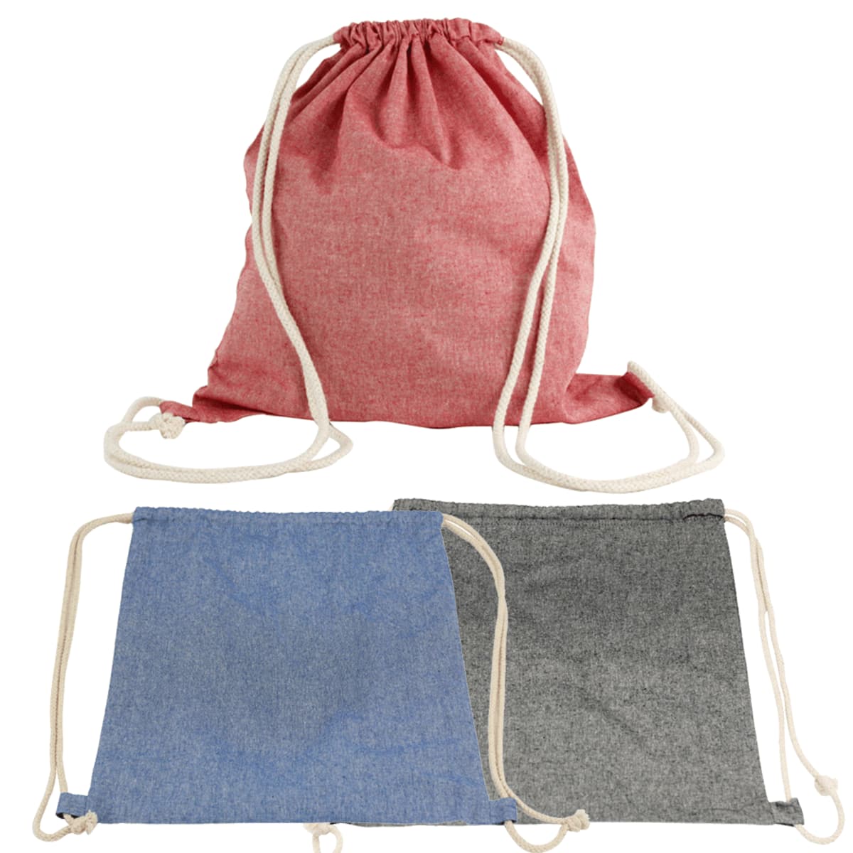 Three drawstring bags: one red, one blue, and one gray, with white cords.