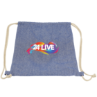 Blue drawstring bag with 24 Live and rainbow design.