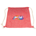 Red drawstring bag with 24 Live and colorful design on the front.