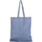 Plain blue fabric tote bag with long handles.