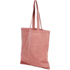 Red fabric tote bag with two long handles.