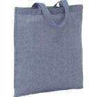 Blue denim tote bag with two handles, standing against a white background.
