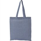 Blue fabric tote bag with long straps, displayed against white background.