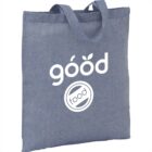 Blue tote bag with góod food written in white letters.