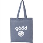 Blue tote bag with góod food printed in white.