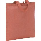 Orange fabric tote bag with two handles against a plain background.