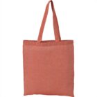 Red tote bag with long handles against a white background.