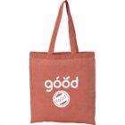 Red tote bag with góod food and a fruit design printed in white.