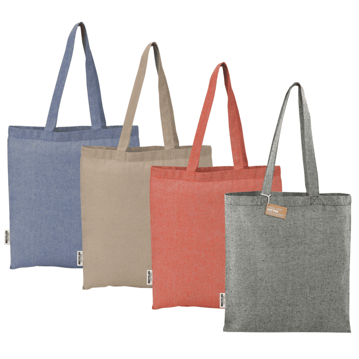 Four tote bags in blue, beige, orange, and gray, each with long handles.
