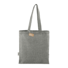 Gray fabric tote bag with handles and a small brown tag attached.
