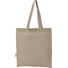 Beige canvas tote bag with handles, isolated on a white background.