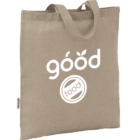 Beige tote bag with good and food logos in white.