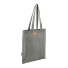 Gray fabric tote bag with handles and a small tag attached.