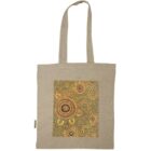 Beige tote bag with abstract circular and dotted design in earthy tones.