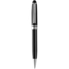 A black ballpoint pen with silver accents, viewed vertically on a white background.