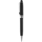 Black ballpoint pen with silver accents, shown upright on a white background.