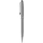 A silver ballpoint pen with a pocket clip, pictured vertically on a white background.
