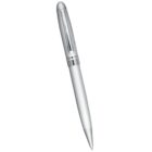 Silver ballpoint pen with a pocket clip, photographed on a white background.