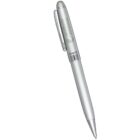 Silver ballpoint pen with a clip, angled diagonally on a white background.